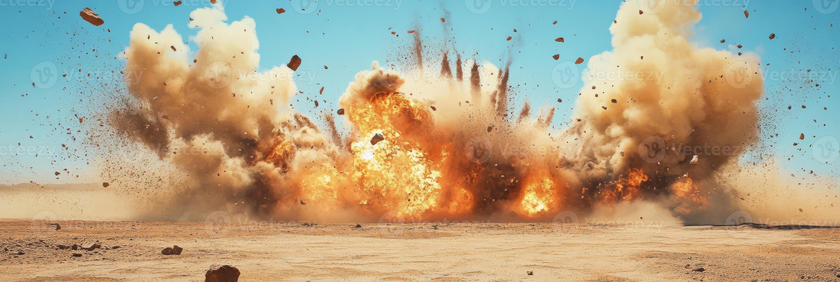 A breathtaking and stunning depiction of a powerful explosion that completely engulfs a desolate desert scene photo