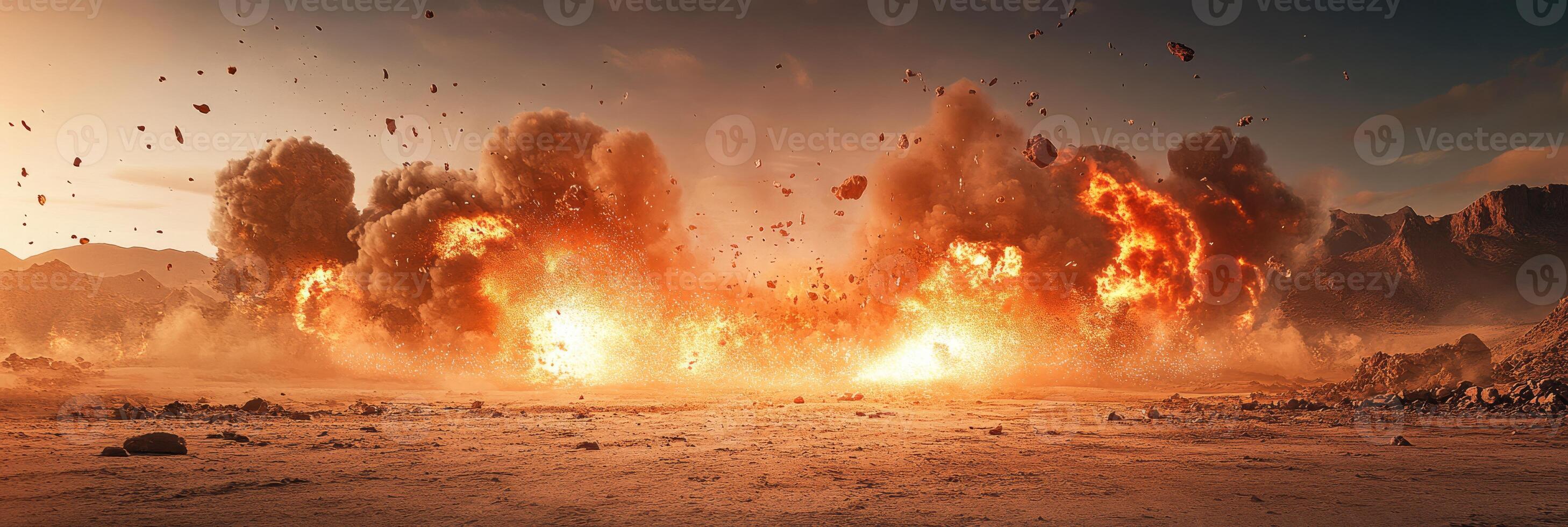 A dramatic explosion unfolds in a desert landscape at sunset, showcasing intense energy and dynamic motion photo