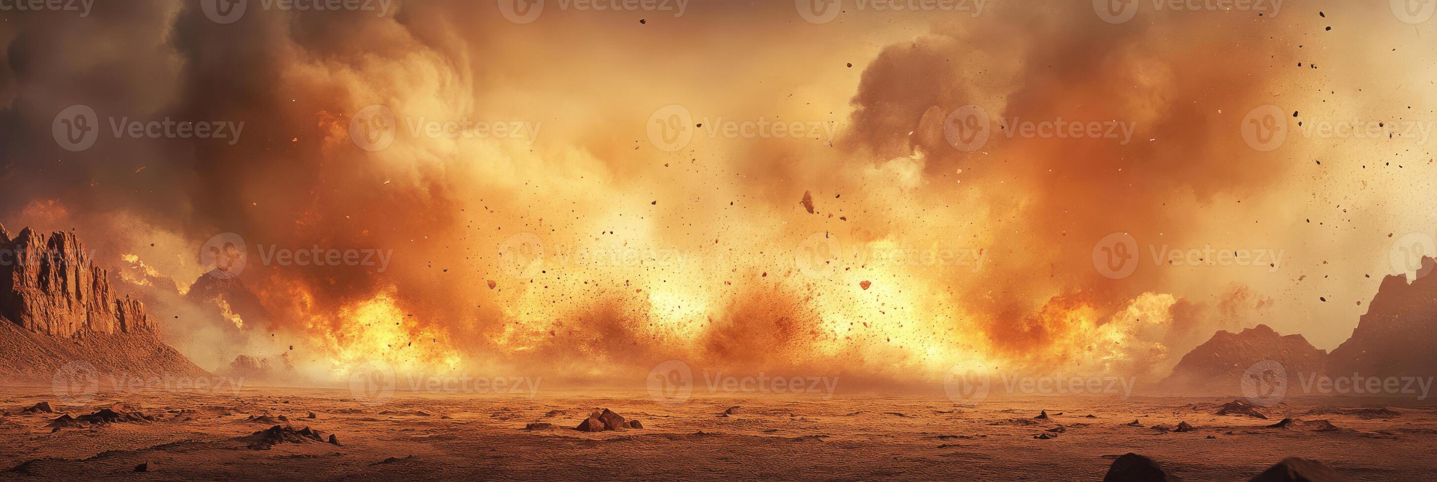 A striking depiction of a massive explosion engulfing a barren landscape, capturing intensity and chaos visually photo