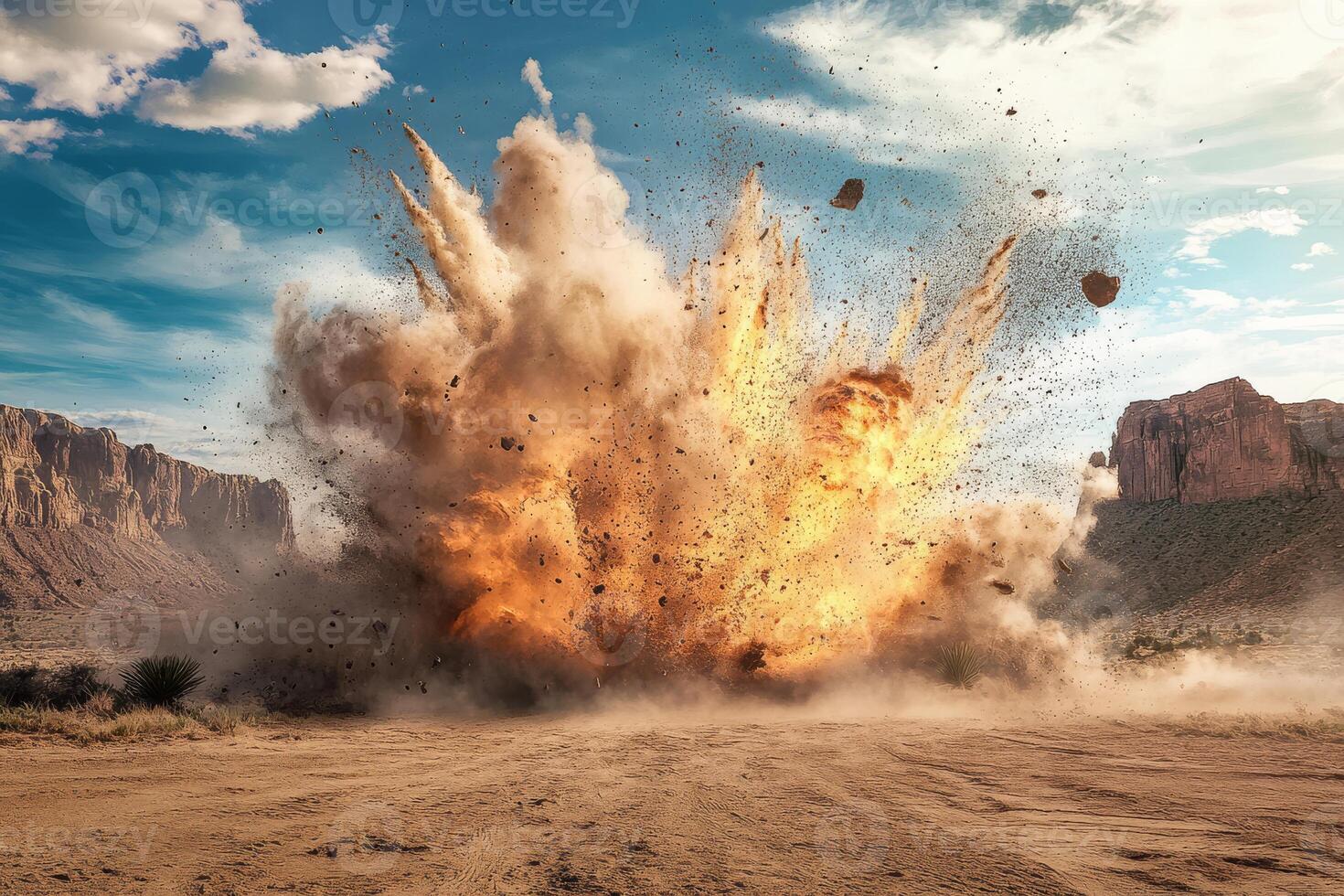 A truly stunning explosion occurs in a vast desert setting, showcasing beautifully contrasting elements all around photo