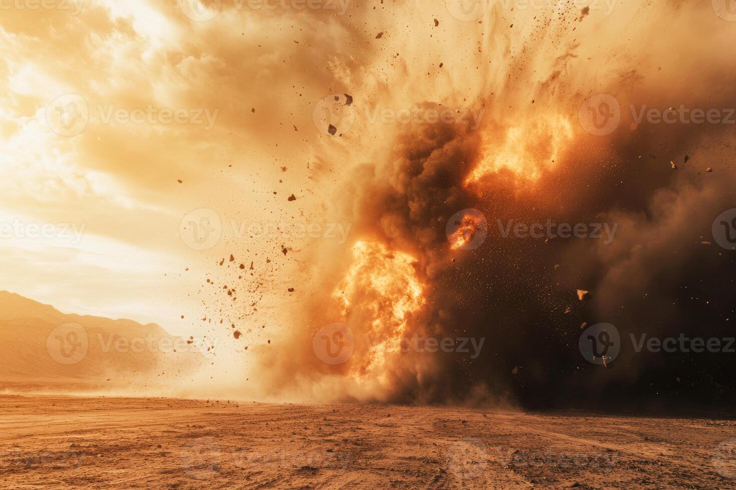 A massive explosion erupts in a dusty landscape, sending flames and smoke into the sky against a golden sunset photo