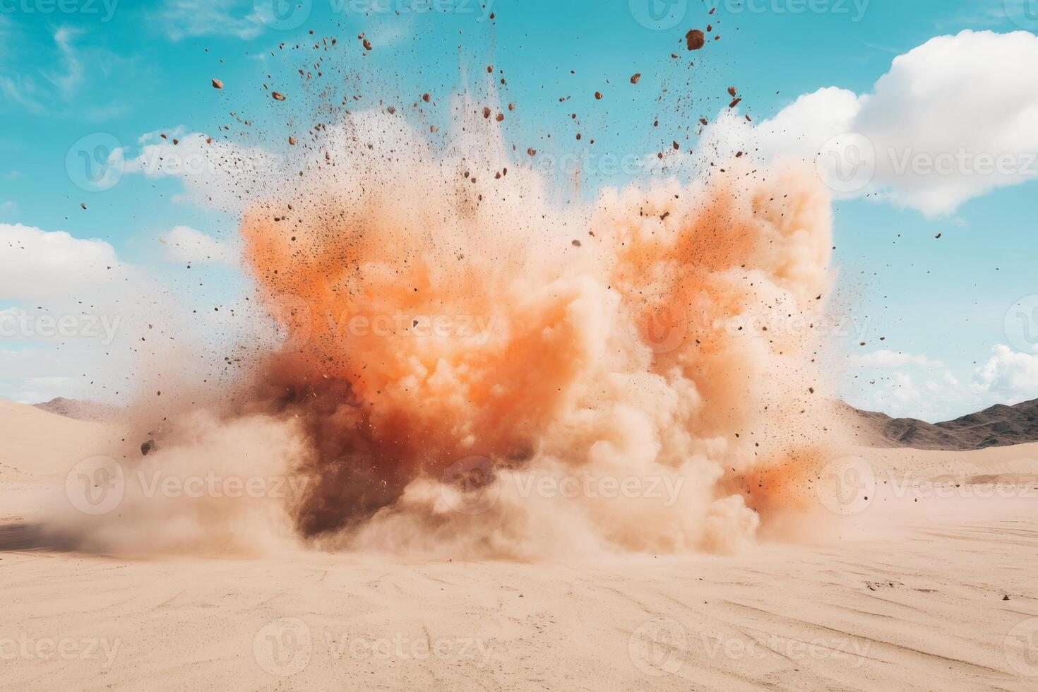 In a barren desert, a powerful explosion erupts, sending clouds of dust and debris high into the sky photo