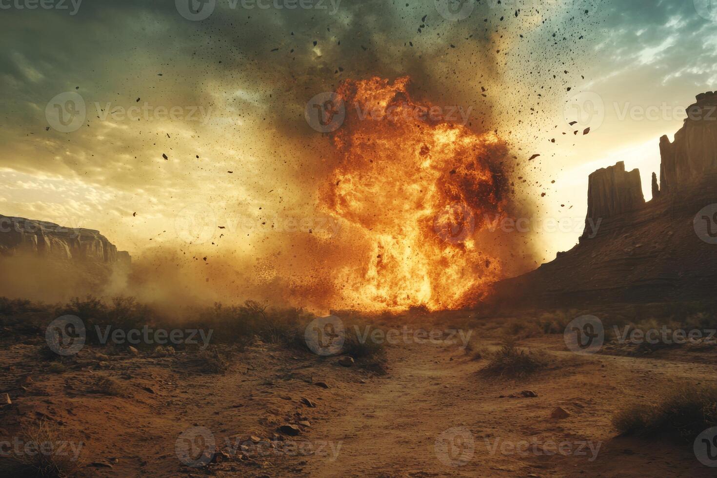 A powerful explosion creates chaos in a breathtaking desert setting, capturing surreal beauty and danger. photo