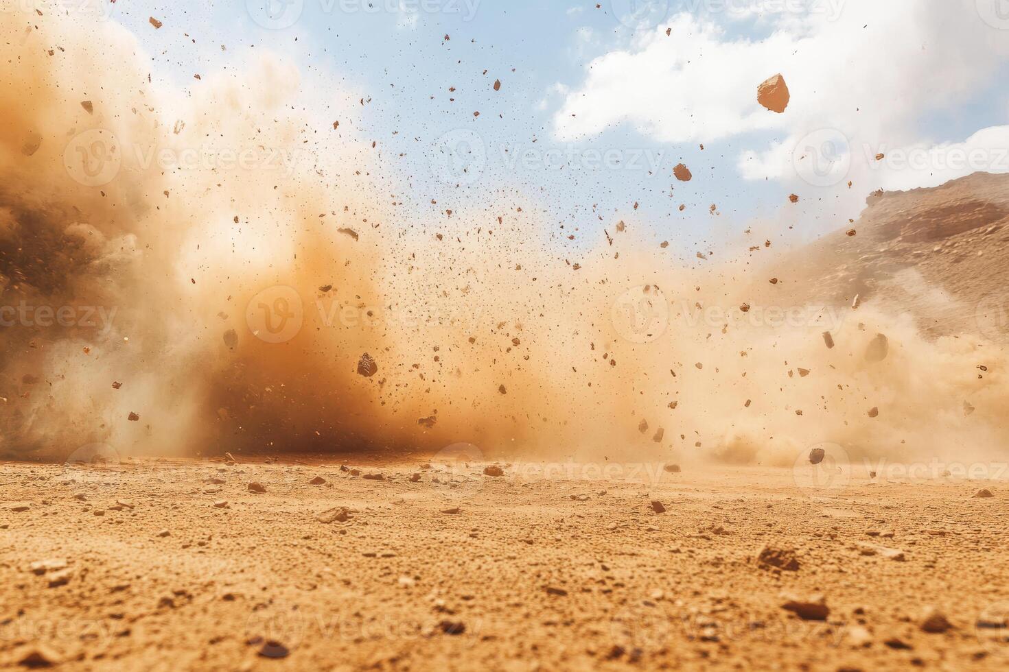 A stunning and dramatic dust explosion vividly captures the intense raw energy of nature in an arid, barren landscape photo