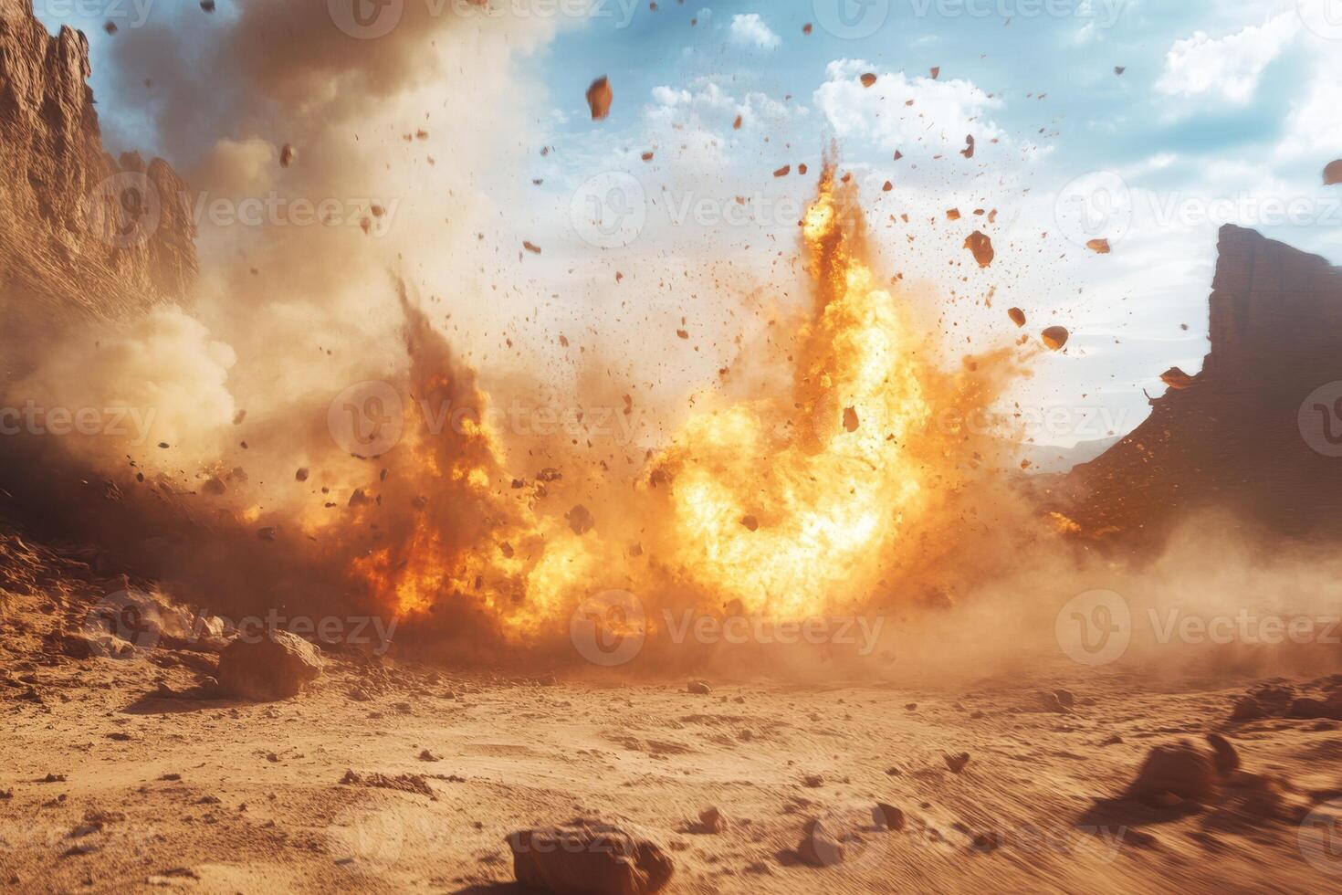 A powerful explosion occurs, creating swirling dust and debris amidst a striking and vast desert setting photo