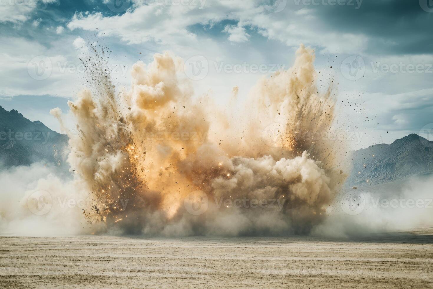 A powerful explosion creates a dramatic cloud of dust and debris against a rugged mountain backdrop photo