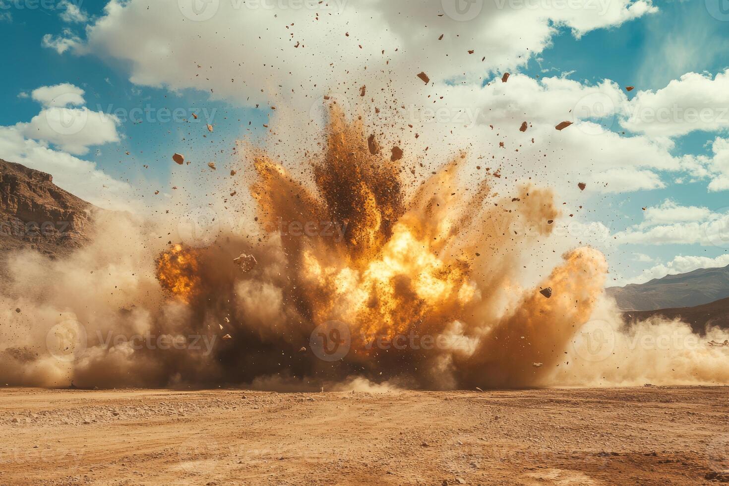 A powerful and intense explosion sends massive debris soaring into the sky against a stunning and dramatic backdrop photo
