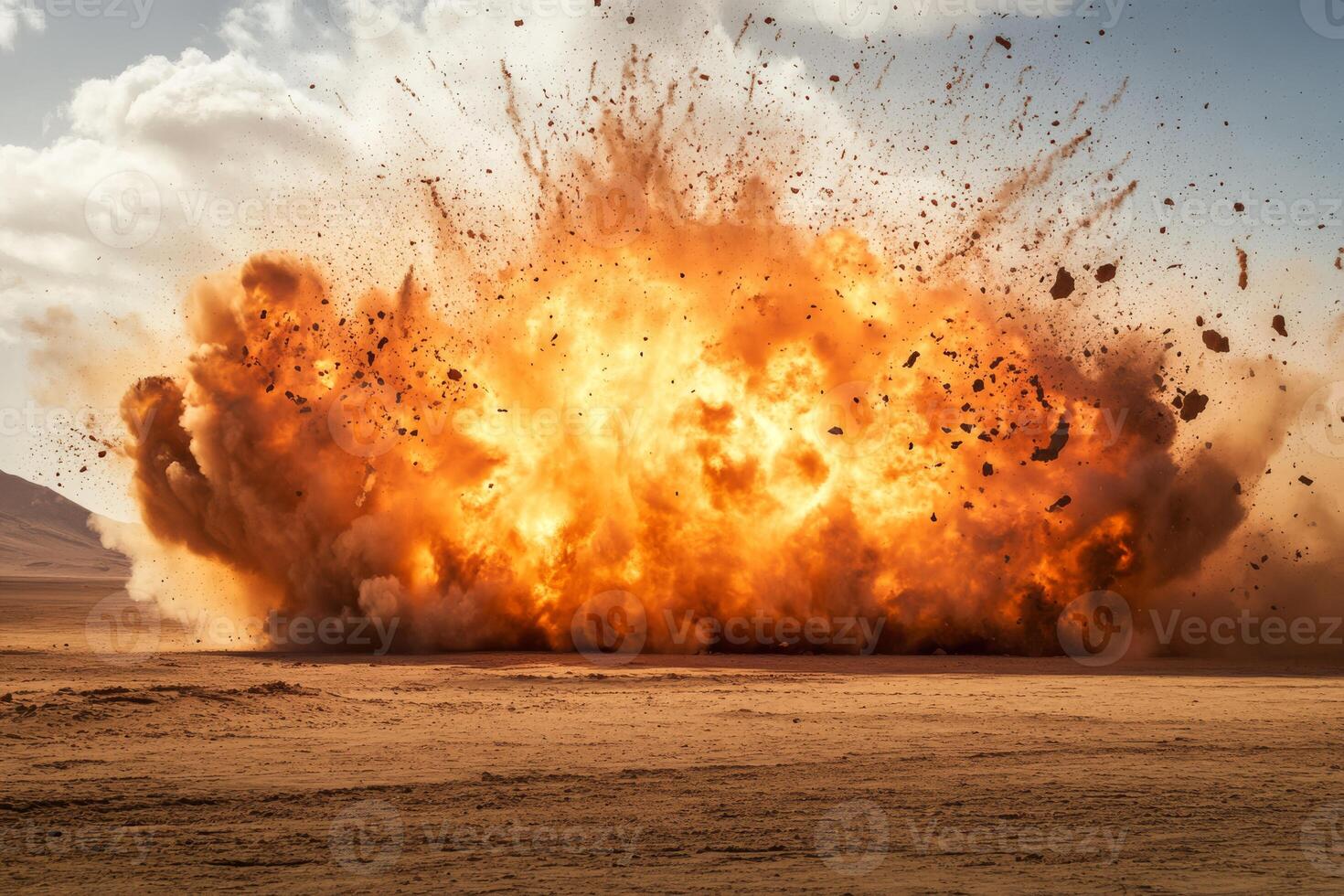 A dramatic explosion erupts in the desert, with raging fire, flying debris, and a chaotic smoky sky photo