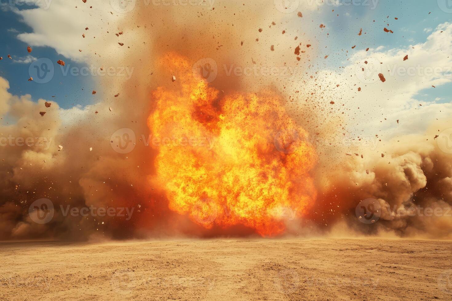 An intense explosion erupts in a barren desert, showcasing overwhelming fire, swirling dust, and immense power photo