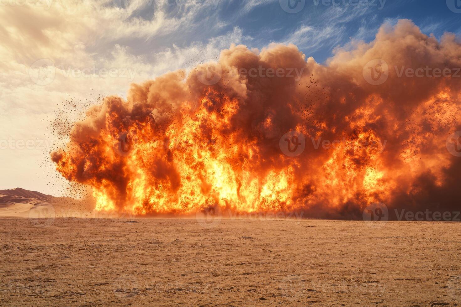 A powerful image of a massive explosion with vibrant flames and smoke set against a desolate desert backdrop photo
