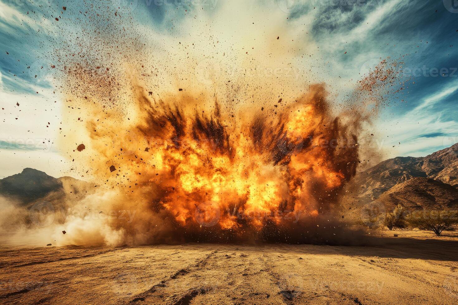 A captivating and striking image showcases a dramatic explosion occurring in a rugged desert under a bright blue sky photo