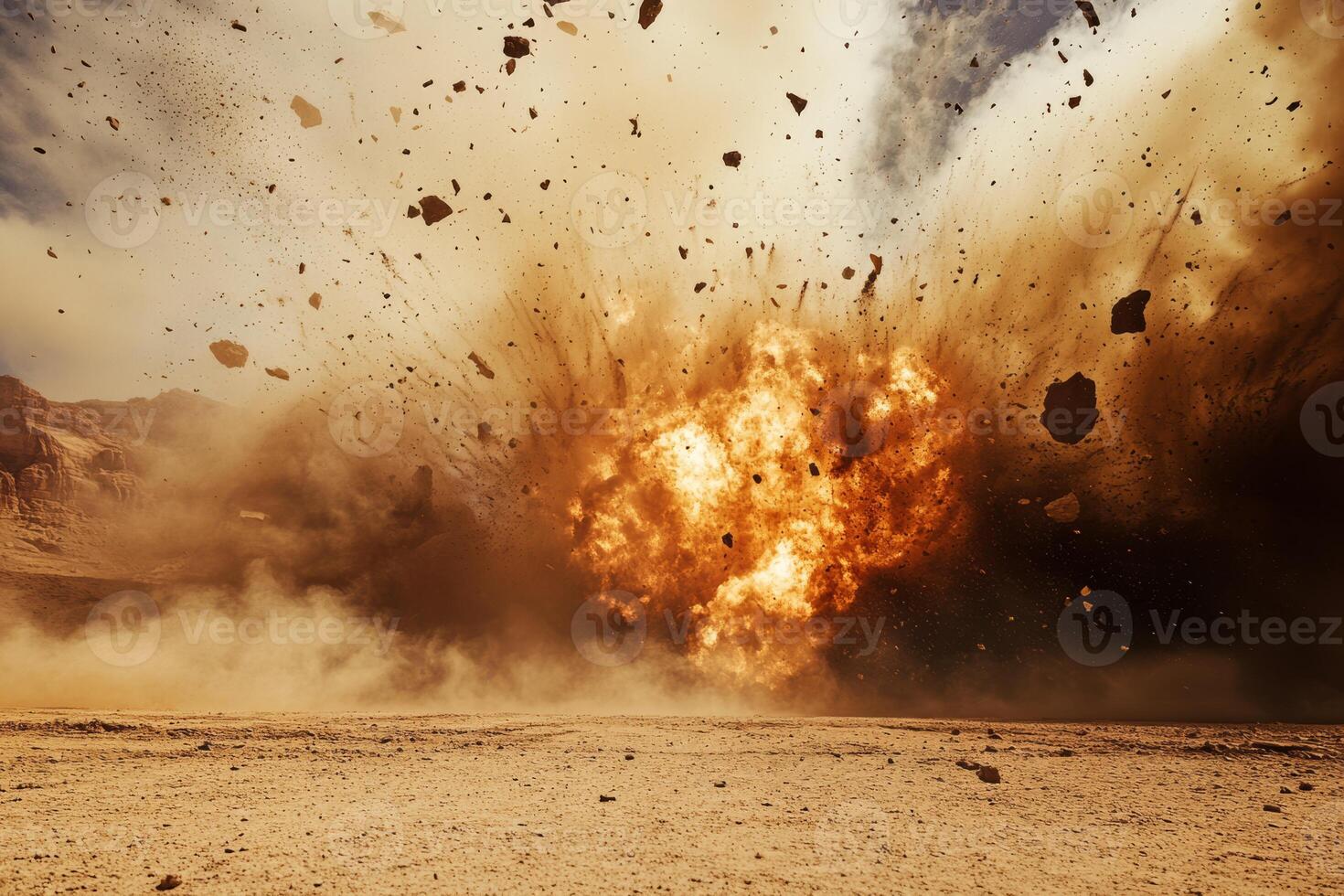 A breathtaking explosion magnificently captures a cloud of debris and swirling smoke in a dramatic desert scene photo