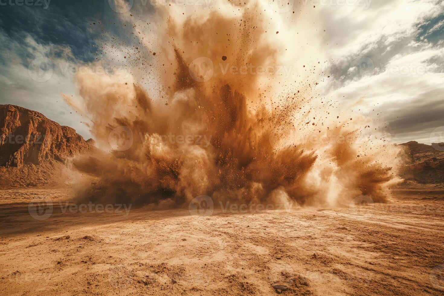A powerful explosion sends a vast cloud of dust and debris into the air in a dramatic desert setting photo