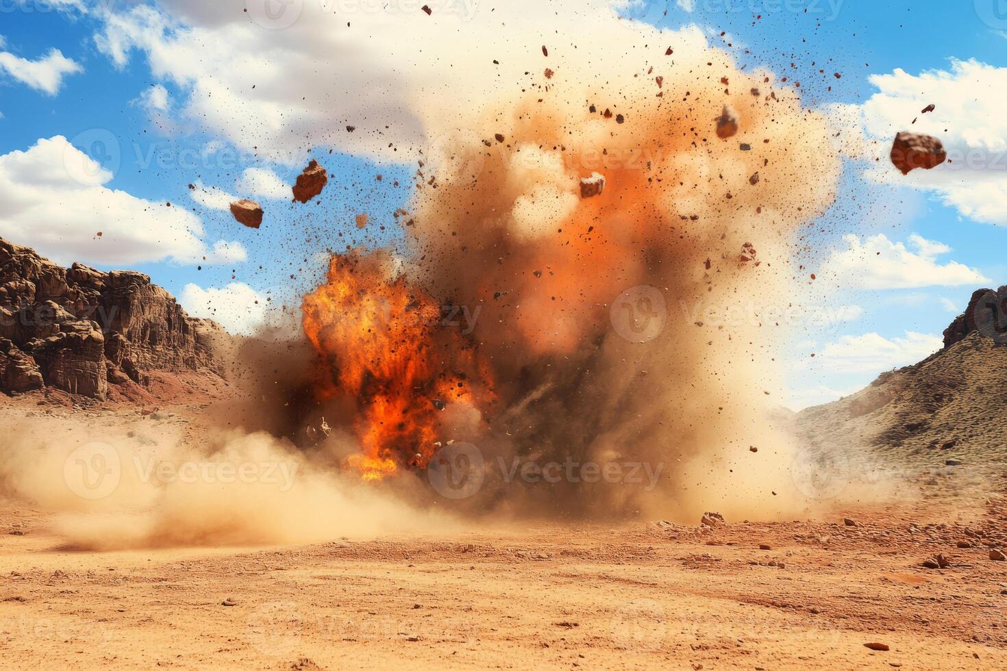 A sudden, dramatic explosion occurs in a rugged desert landscape, forcefully sending debris and dust into the air photo