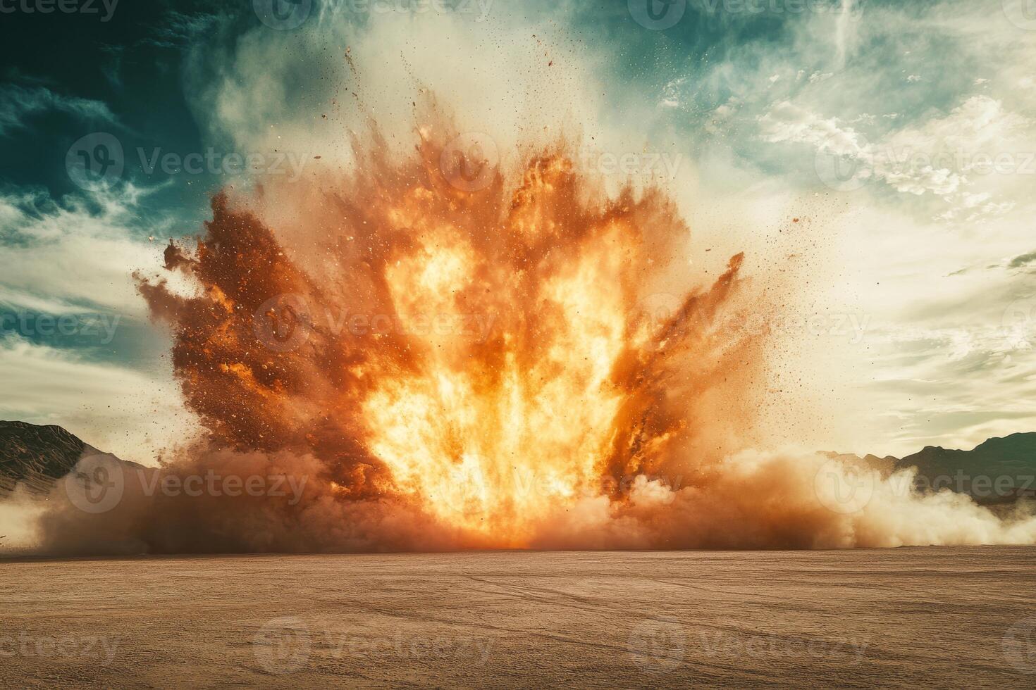 A powerful and dramatic explosion creates an impressive and expansive dust cloud in a vast desert setting photo