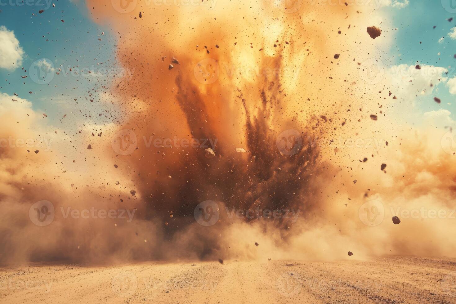 A powerful explosion generating a massive dust cloud in a barren landscape, highlighting raw energy. photo