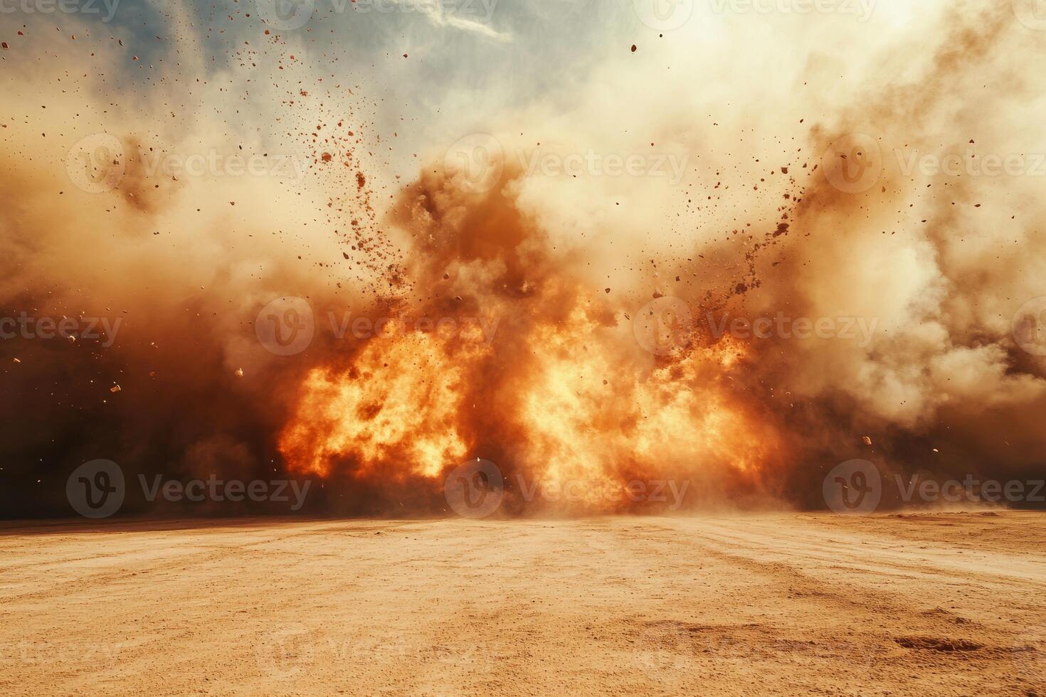 A stunning visual of a massive explosion creating a spectacular dust and fire spectacle in a barren landscape photo