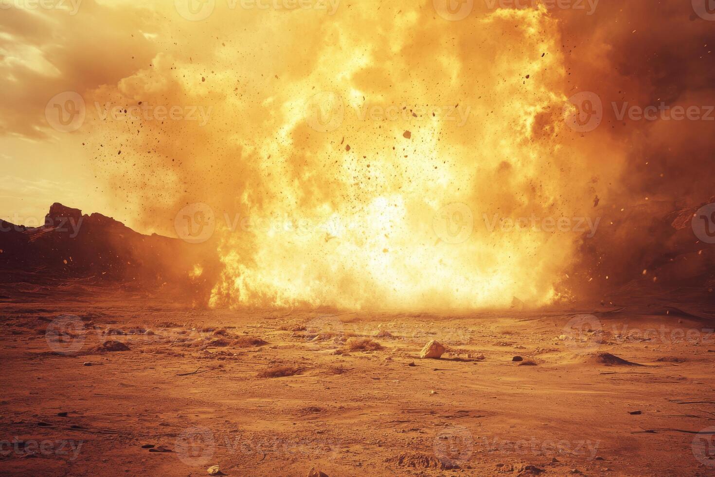 A dramatic and powerful explosion envelops the vast desert in a chaotic swirl of fiery flames and swirling dust photo