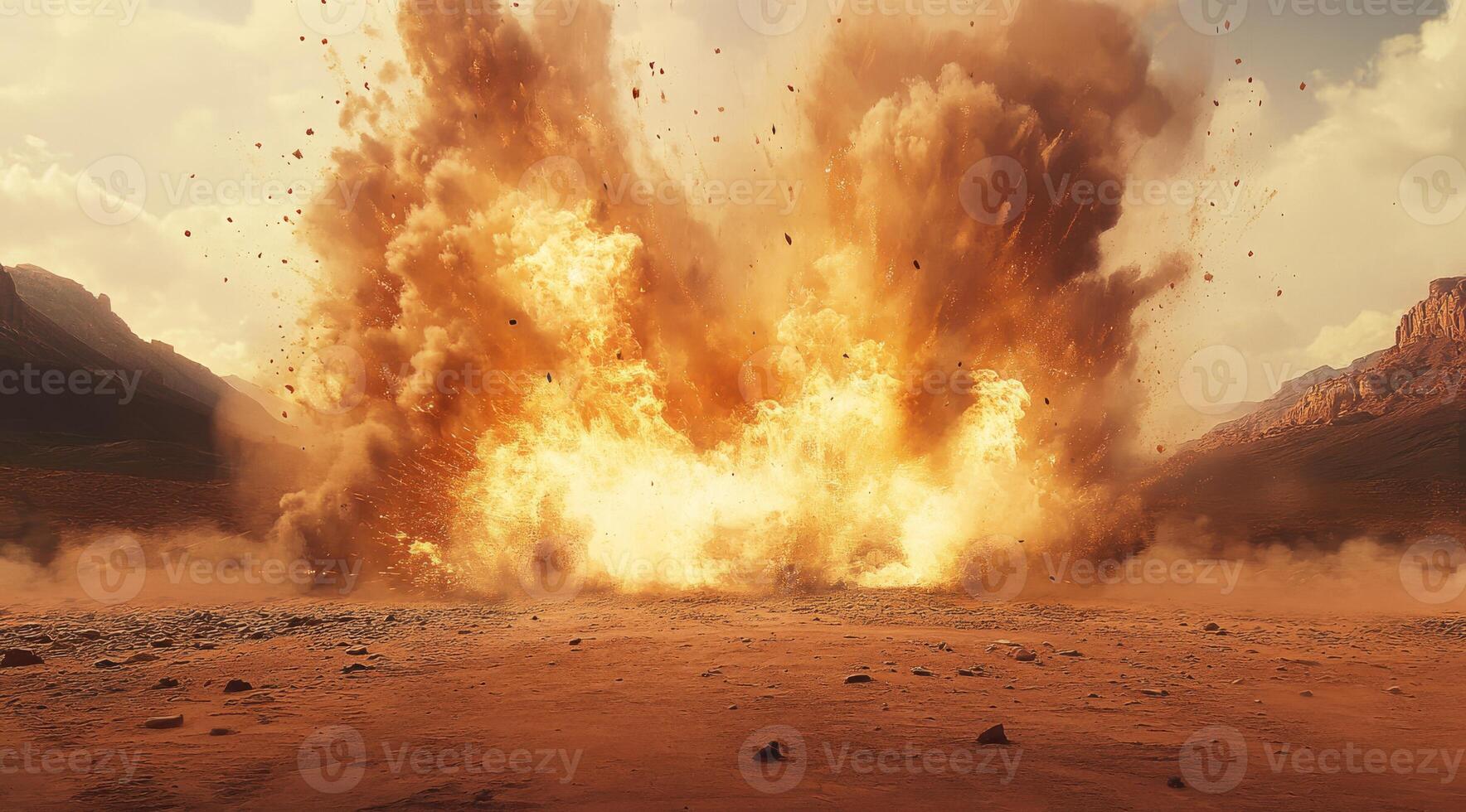 A powerful explosion erupts dramatically in a vast desert, showcasing rising dust and ominous flames photo