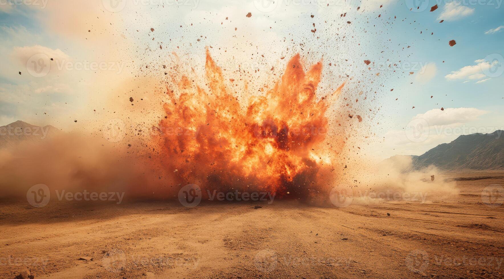 A powerful explosion erupts, sending debris soaring through a dusty desert landscape beneath a clear blue sky photo
