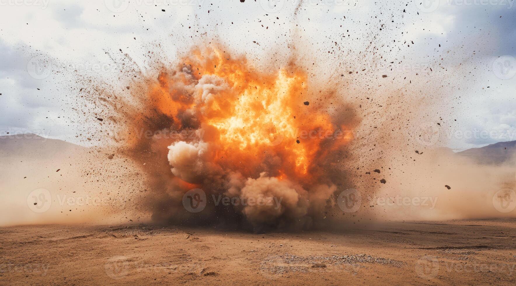 A powerful explosion violently scatters debris across a vast desert landscape, showcasing immense and stunning energy photo