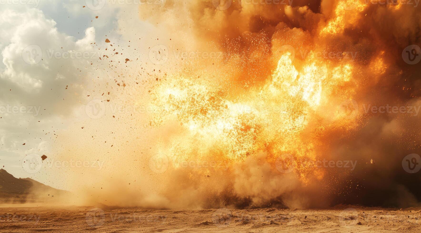 A vivid explosion occurring in a desolate setting, showcasing an impressive display of fire, smoke, and debris photo