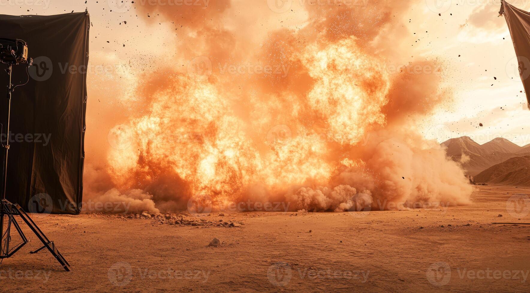 A stunning explosion in a vast desert, showcasing cinematic effects and high drama that captivates viewers photo