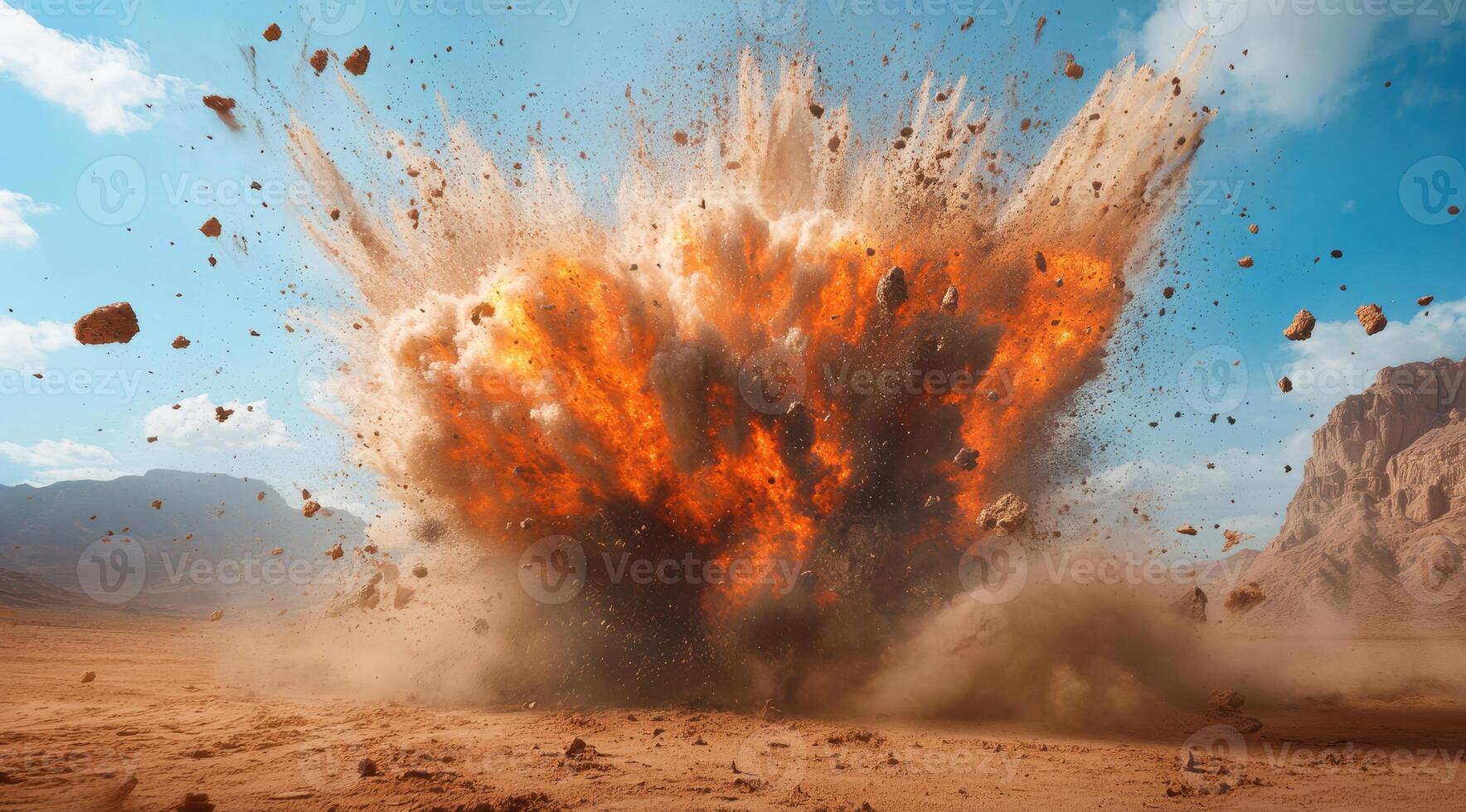 A powerful and dramatic explosion unexpectedly sends massive debris soaring high against a stunning desert backdrop photo