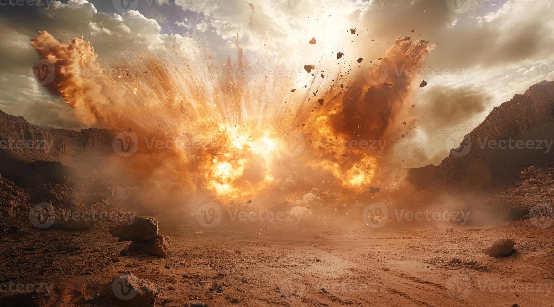 An incredibly powerful explosion generates a stunning and breathtaking visual effect in a barren desert landscape photo
