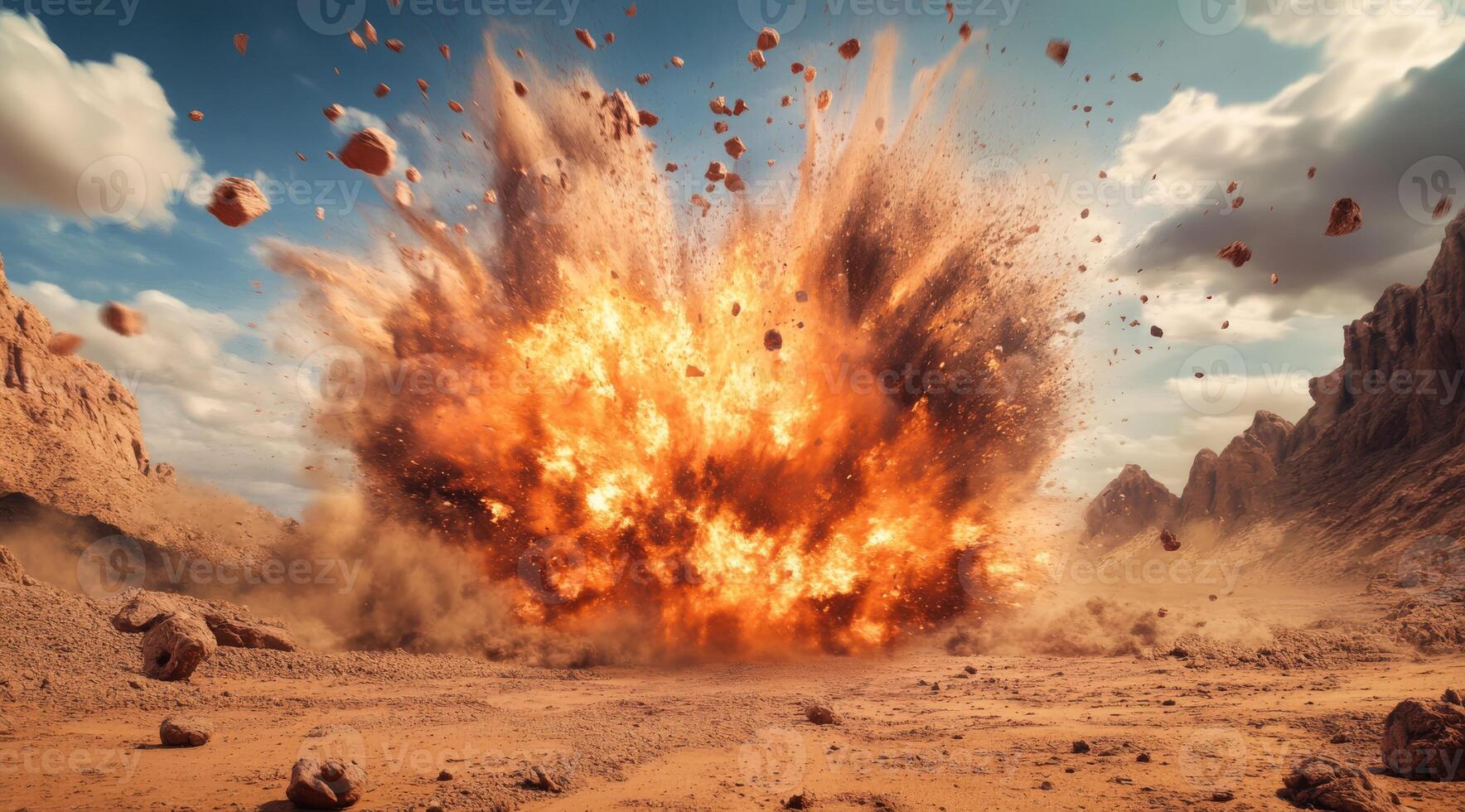 A dramatic and powerful explosion erupts suddenly in a barren desert landscape, showcasing sheer chaos and energy photo