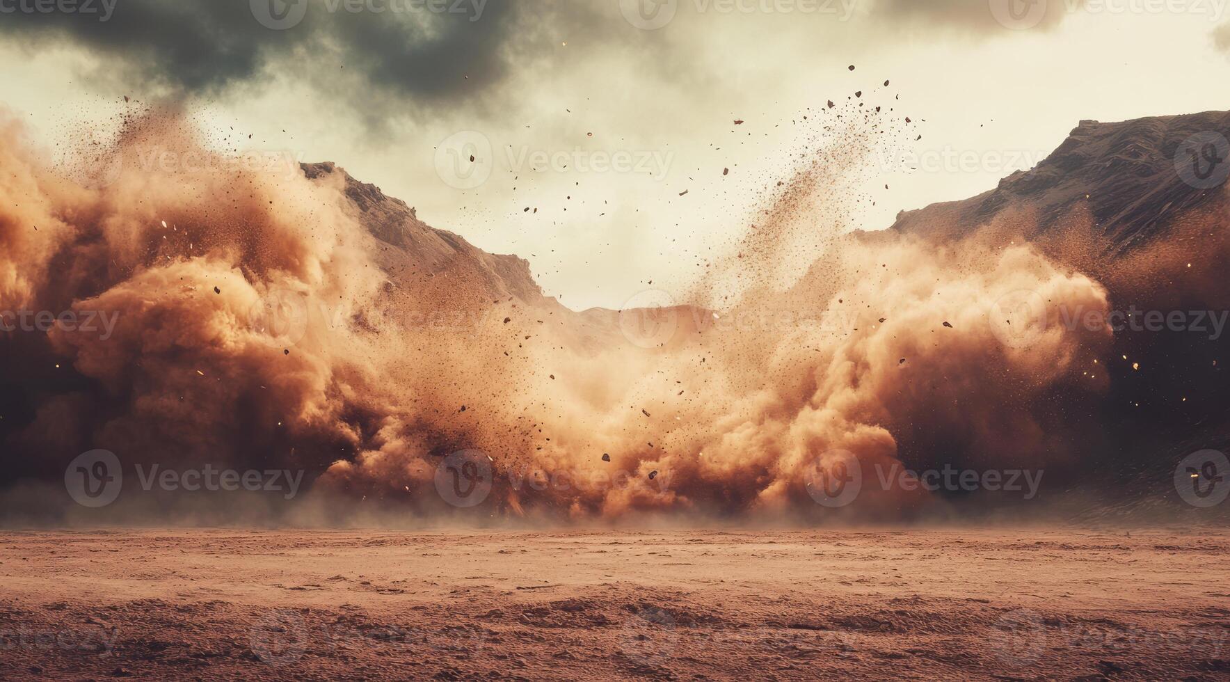 An absolutely stunning visual representation of a dust explosion occurring in a dramatic mountainous landscape photo