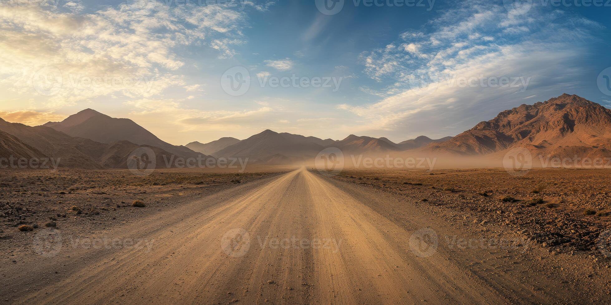 A lonely gravel road stretches endlessly into the horizon amidst a vast, barren landscape, bordered by majestic mountains and illuminated by a stunning, vibrant sunset sky that captivates the senses photo
