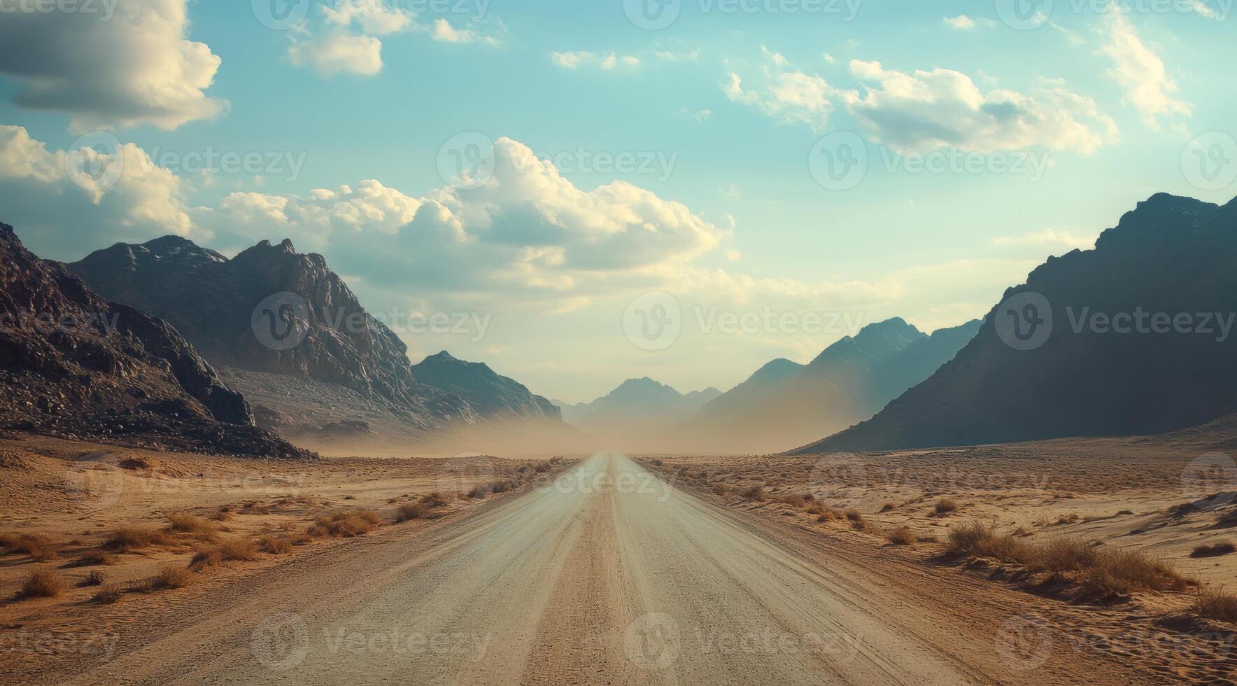 An expanse of deserted gravel road stretches endlessly toward the horizon, beautifully framed by majestic mountains and an arid, desolate landscape beneath the bright, expansive sky photo