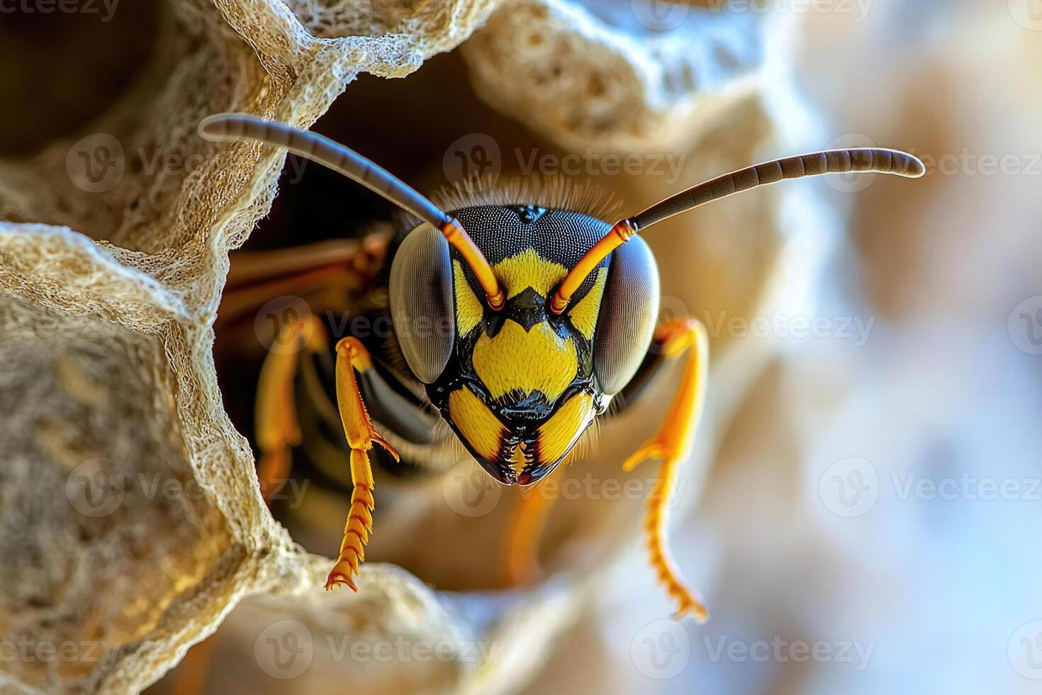 A wasp constructing its nest. photo