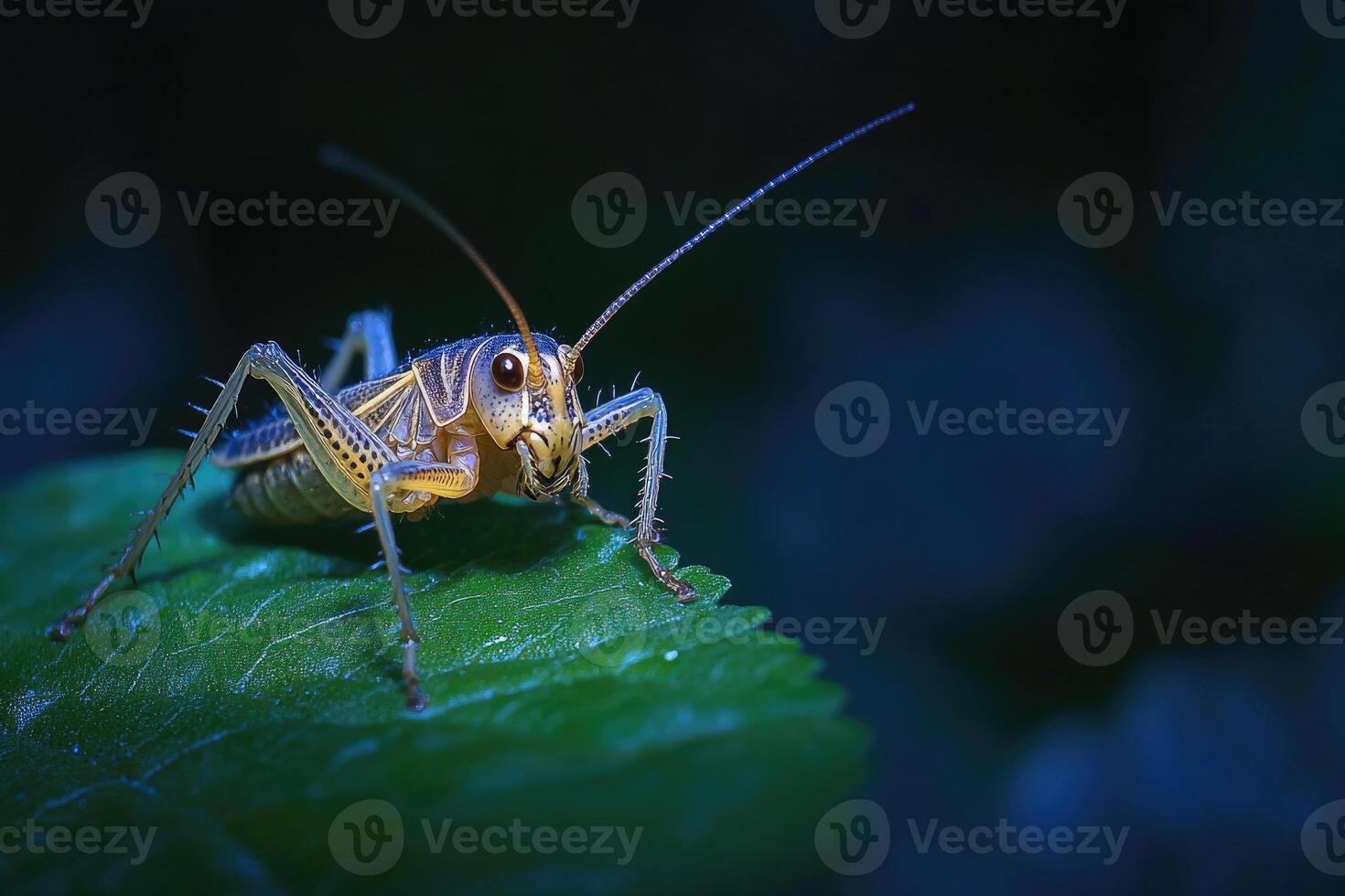 A cricket chirping on a leaf at night. photo