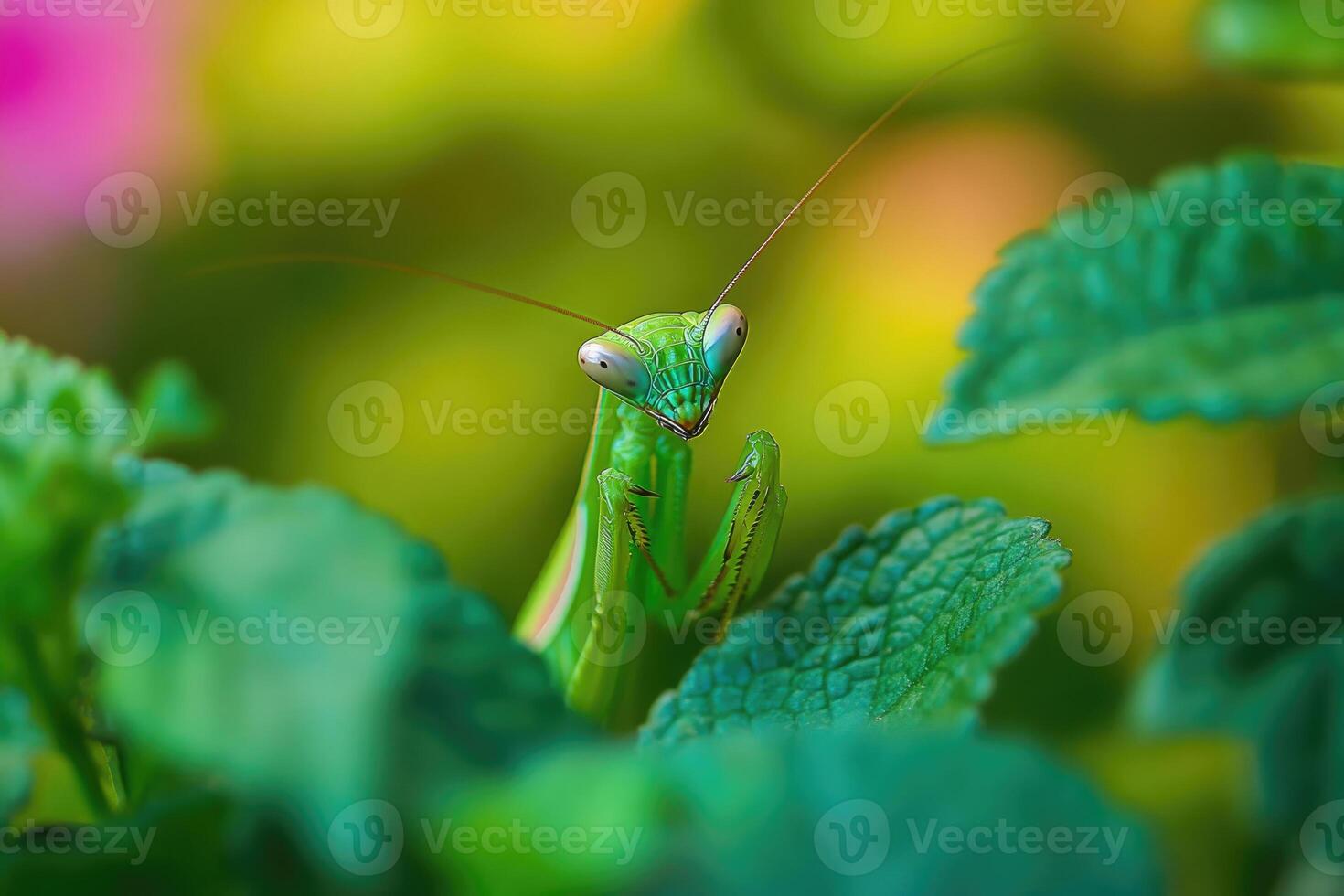 A praying mantis hidden among garden plants. photo
