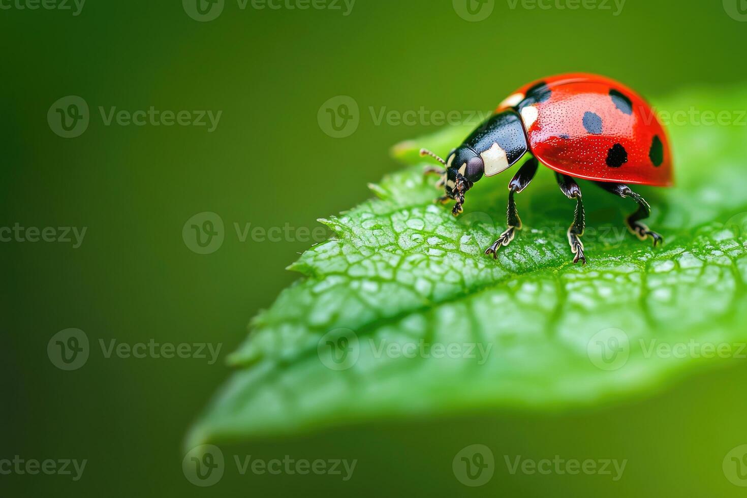 A ladybug sitting on a green leaf. photo