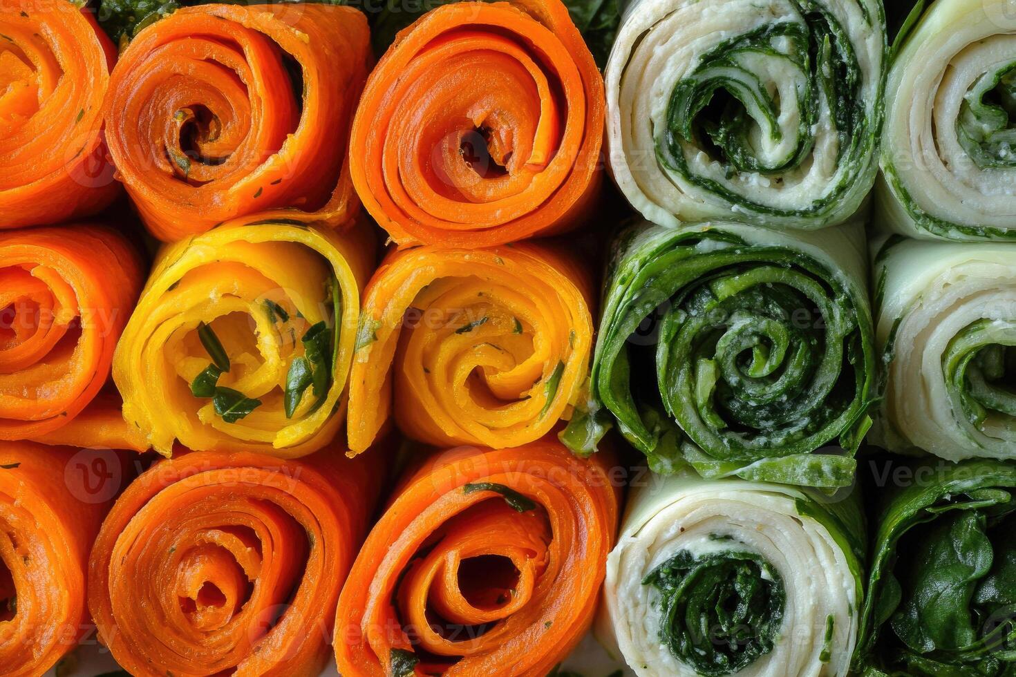 A vibrant selection of vegetable roulade slices creates a fresh, colorful background. photo