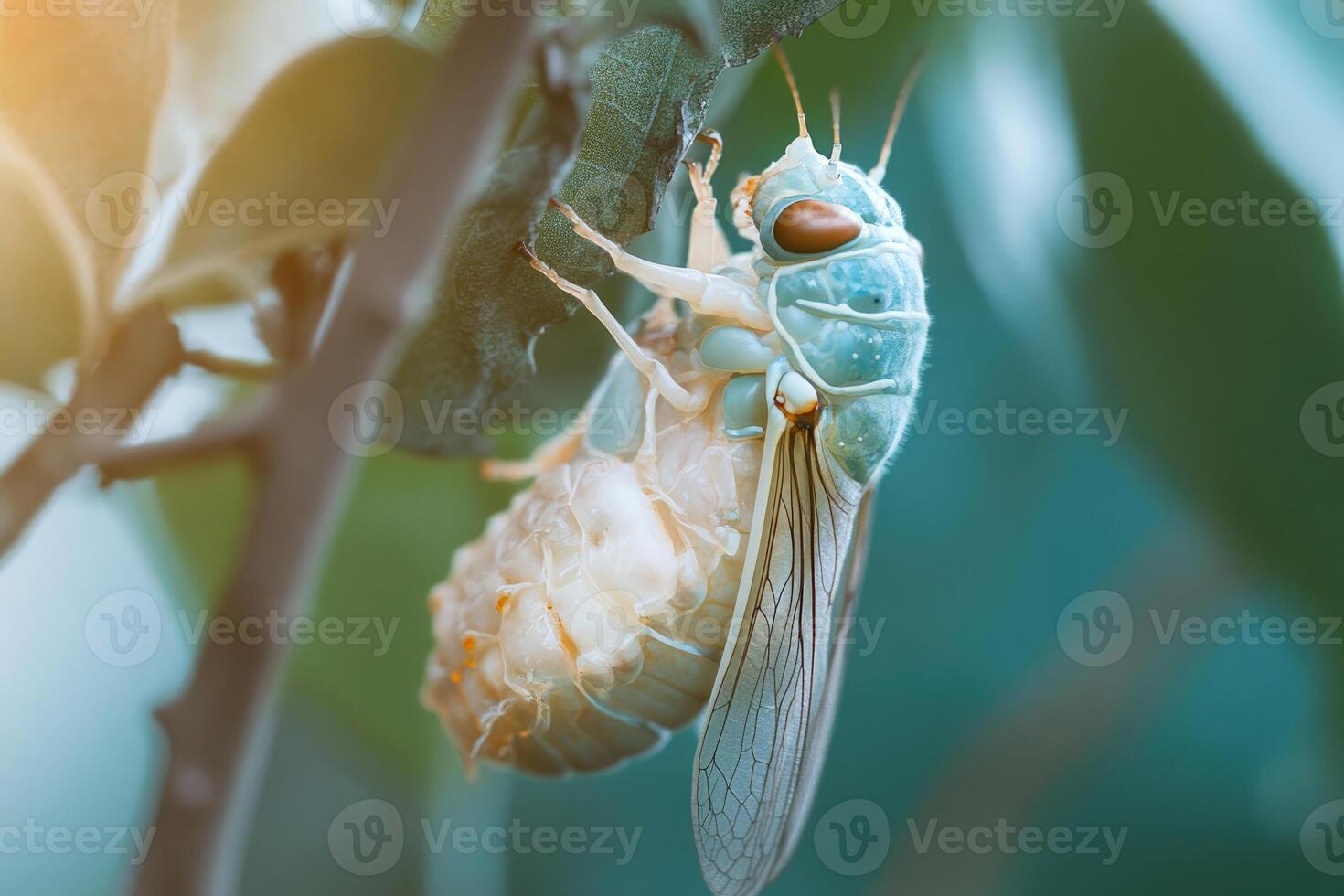 A cicada emerging from its exoskeleton. photo