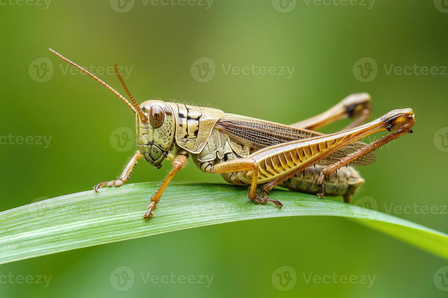 A grasshopper resting on a blade of grass. photo
