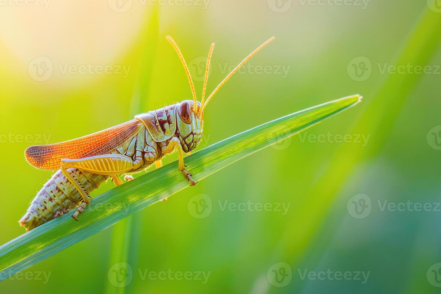 A grasshopper resting on a blade of grass. photo