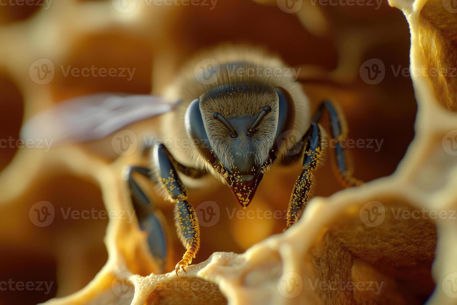 A honeybee working inside a hive. photo