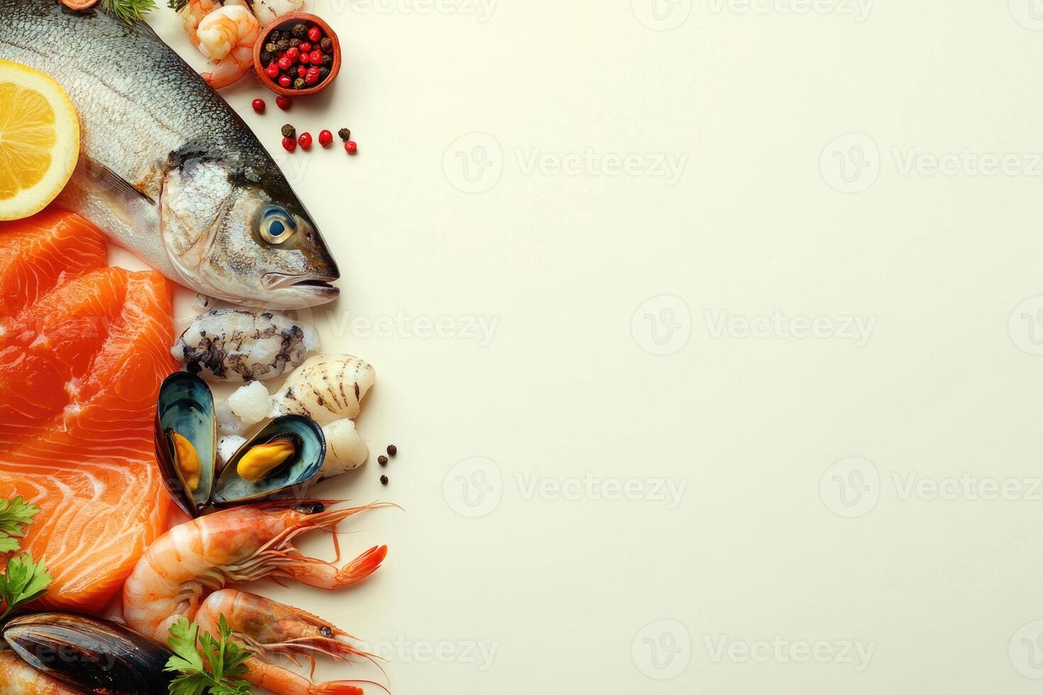 Fresh fish and seafood with blank space. photo