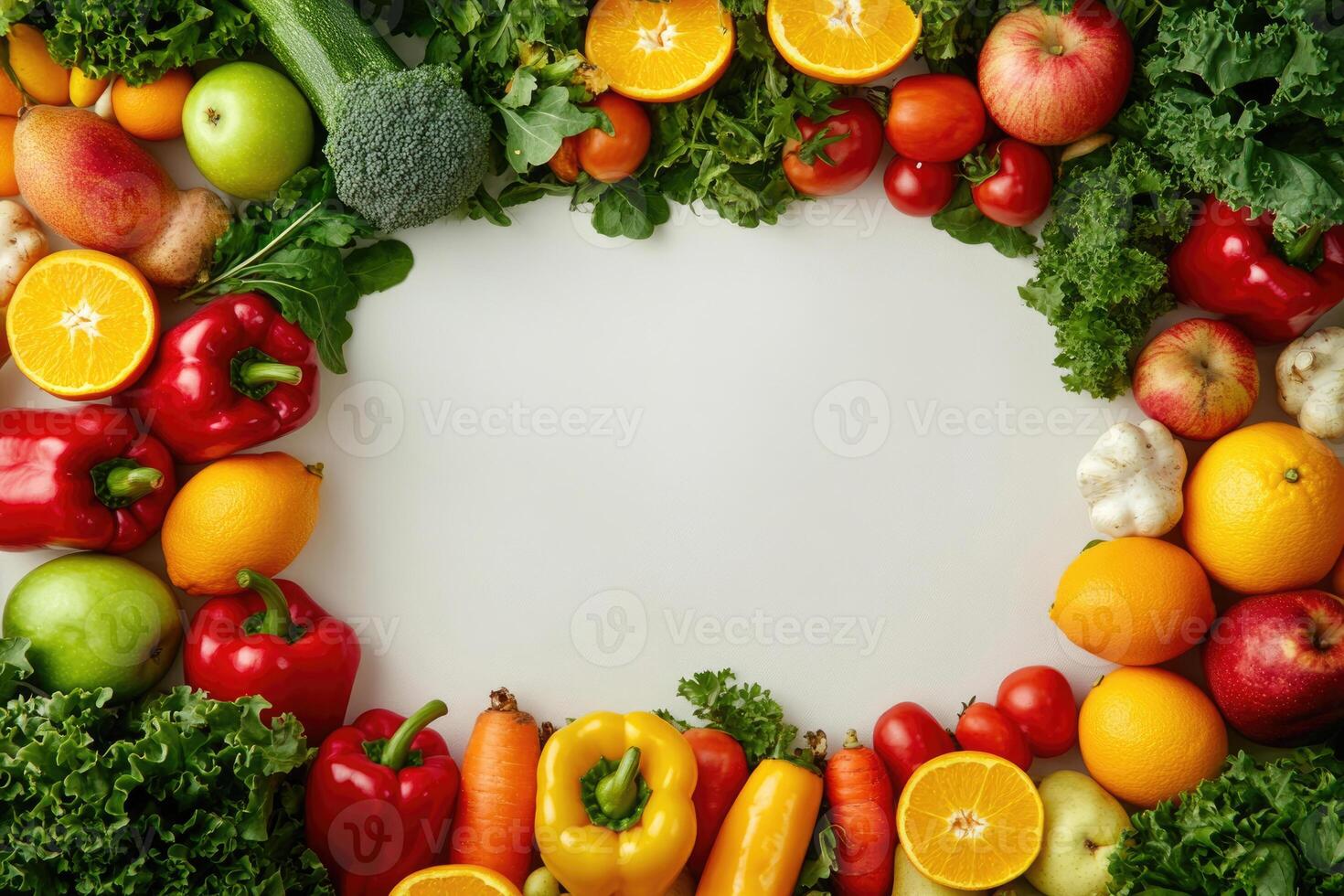 Fresh fruits and vegetables with blank space. photo