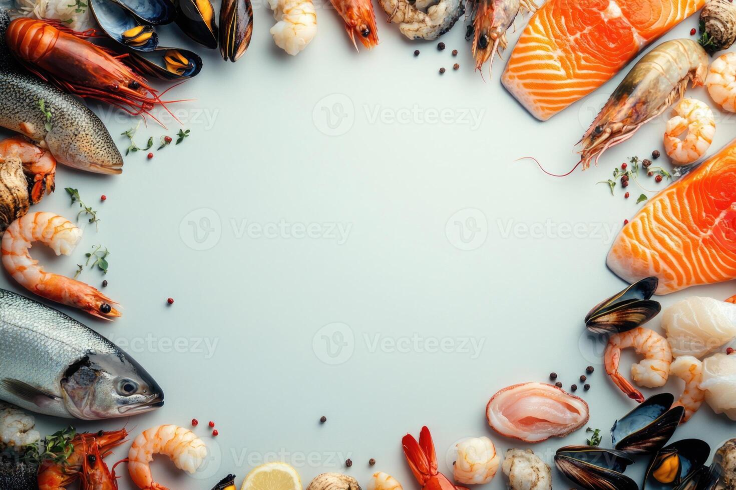 Fresh fish and seafood with blank space. photo