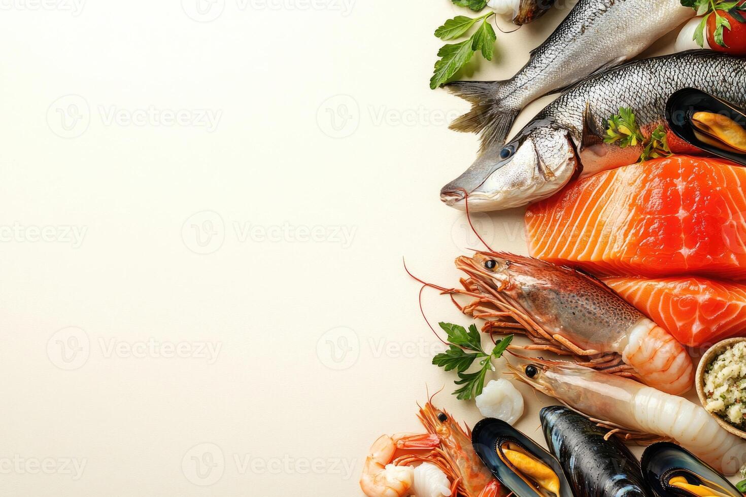 Fresh fish and seafood with blank space. photo