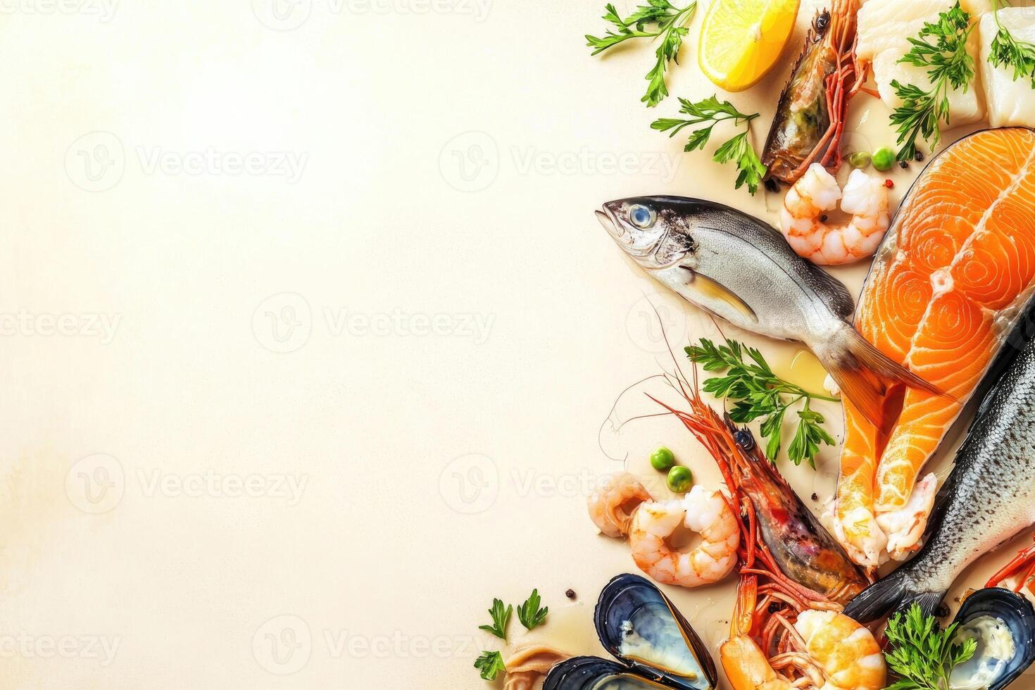 Fresh fish and seafood with blank space. photo