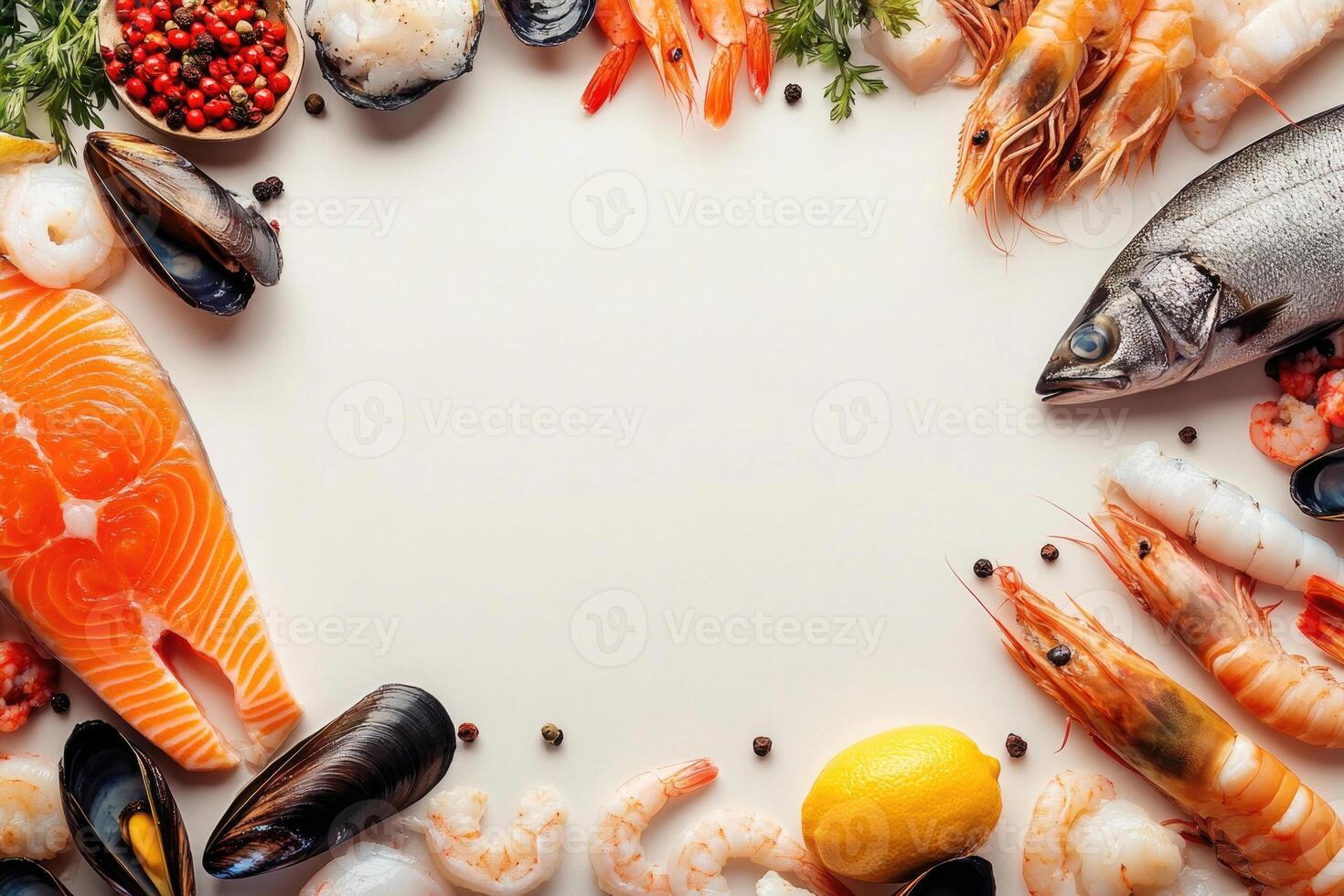 Fresh fish and seafood with blank space. photo