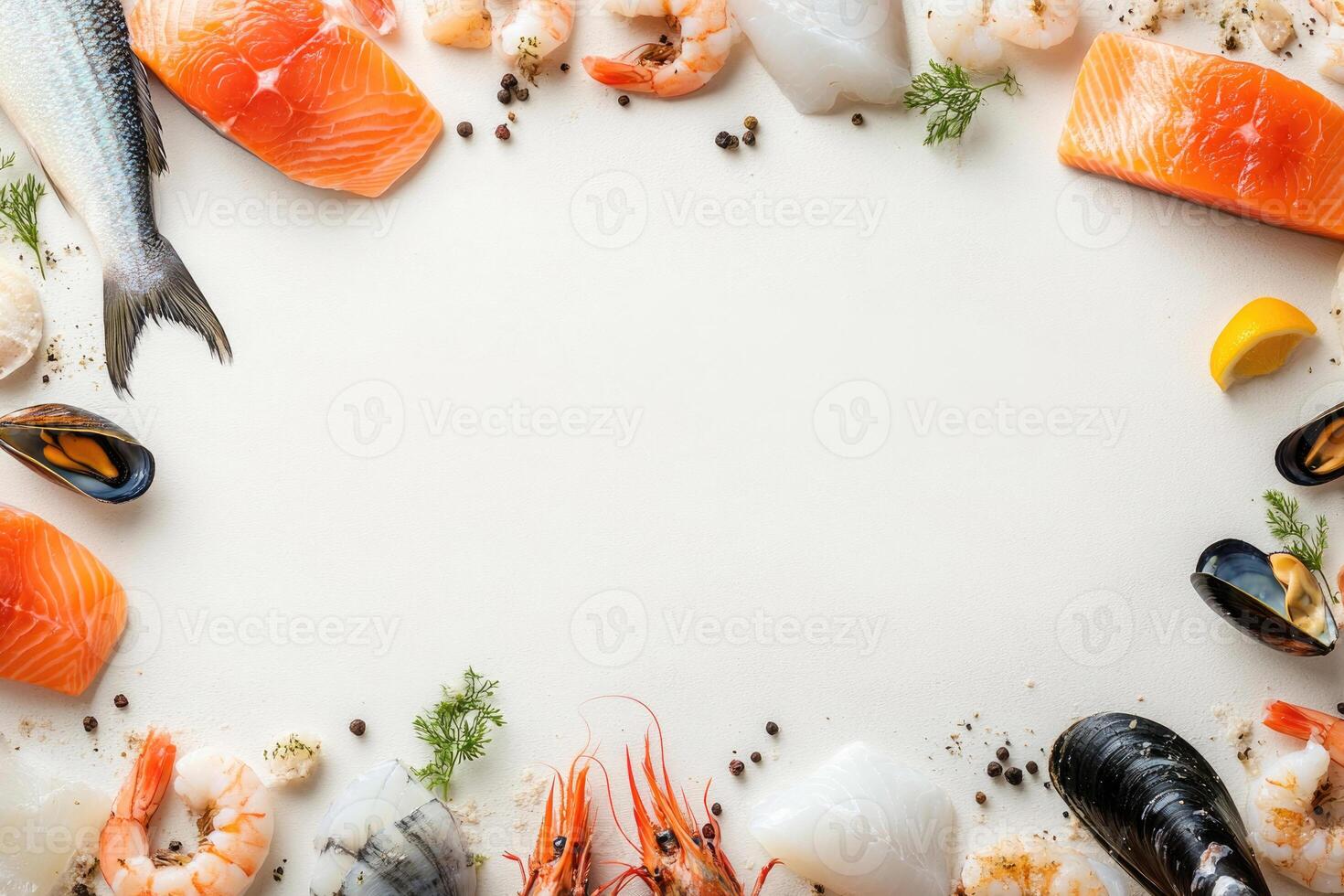 Fresh fish and seafood with blank space. photo