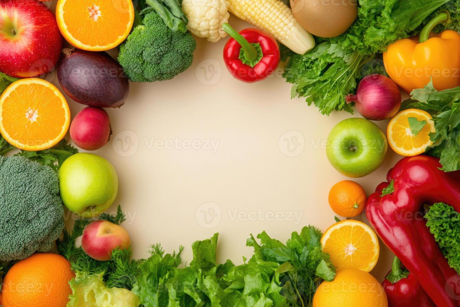 Fresh fruits and vegetables with blank space. photo